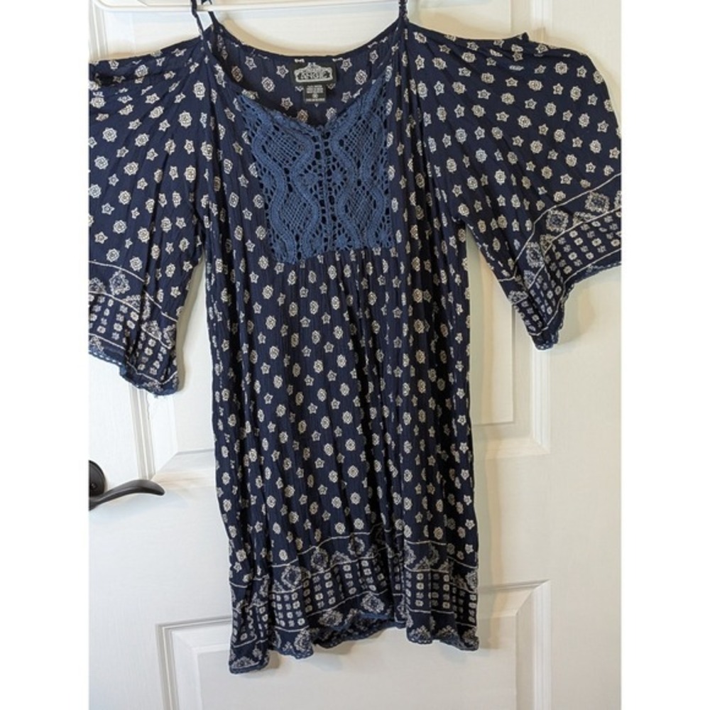 Angie Navy Blue Crochet Lace Cold Shoulder Medallion Print Boho Mini Dress
